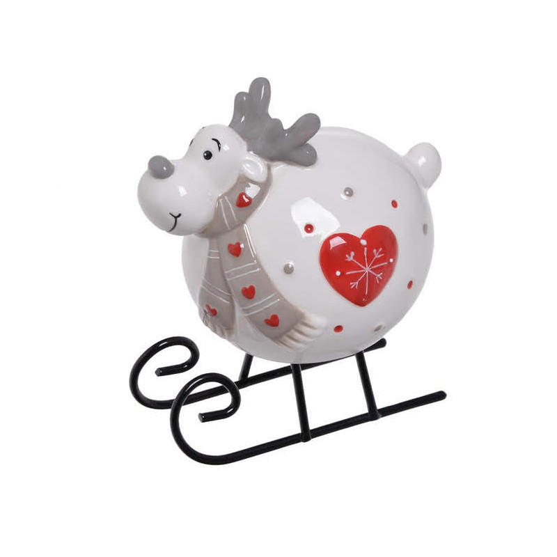Renifer na saniach 11 cm - ceramika + metal