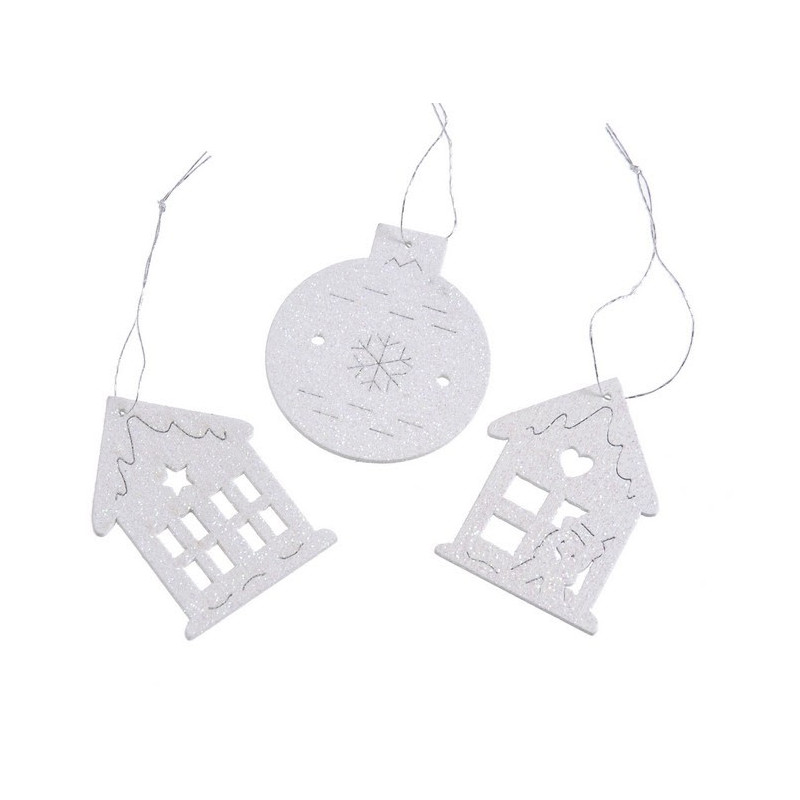 Drewniane domki i bombki zawieszki brokat, 5cm, 18szt-kpl