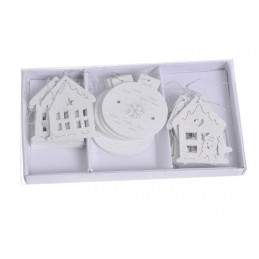 Drewniane domki i bombki zawieszki brokat, 5cm, 18szt-kpl