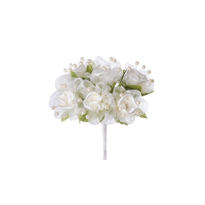 Mini różyczki 6szt/pęczek WHITE/PINK..13 cm - dekoracja ślubna / komunijna