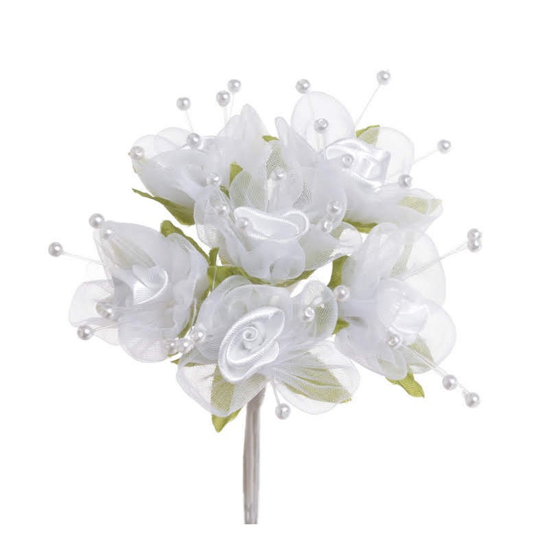 Mini różyczki 6szt/pęczek WHITE/PINK..13 cm - dekoracja ślubna / komunijna