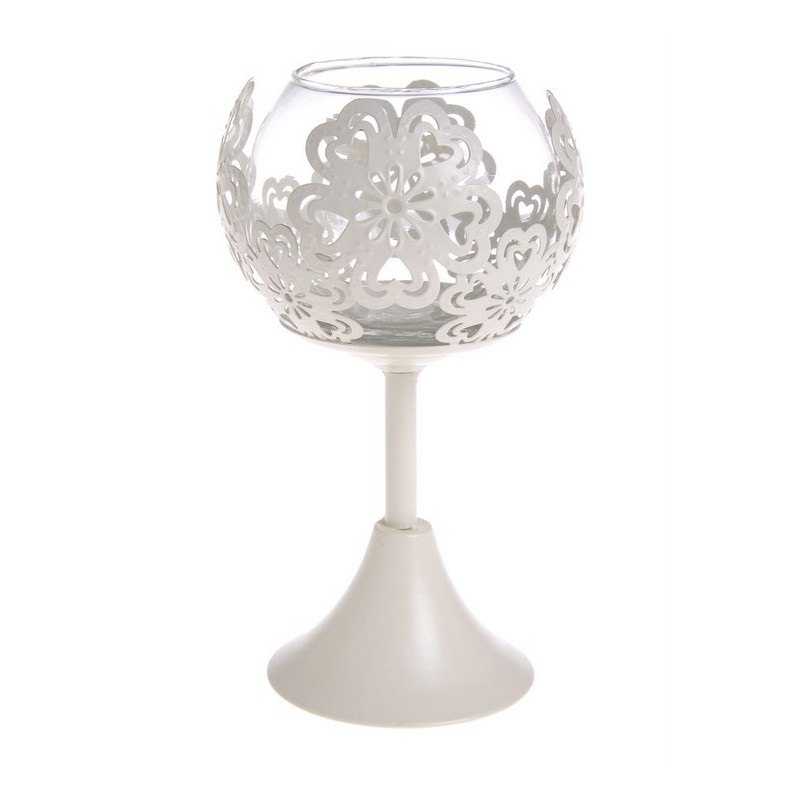 Metalowy lichtarz w kwiatki na stopce ze szklanym wkładem 12x12x24cm