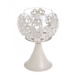 Metalowy lichtarz w kwiatki na stopce ze szklanym wkładem 11x11x17,5cm