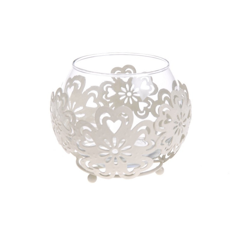 Metalowy lichtarz w kwiatki ze szklanym środkiem H10cm