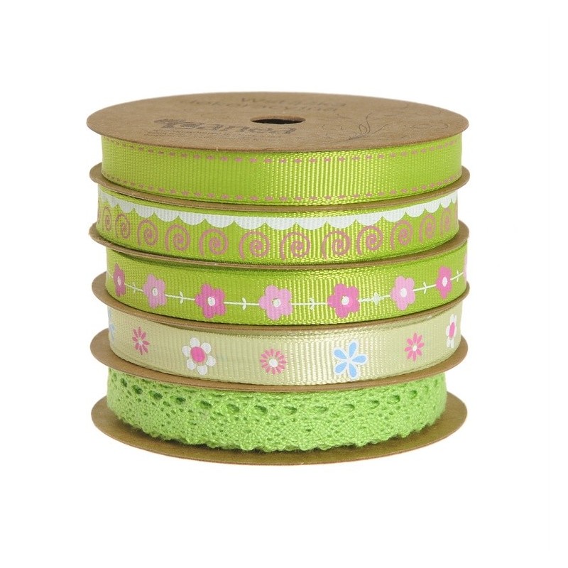 Wstążka dekoracyjna 5 kol.-kpl LT.GREEN..1cm x 5m