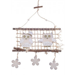 Zawieszka siatka z drewnianymi ozdobami - sowy