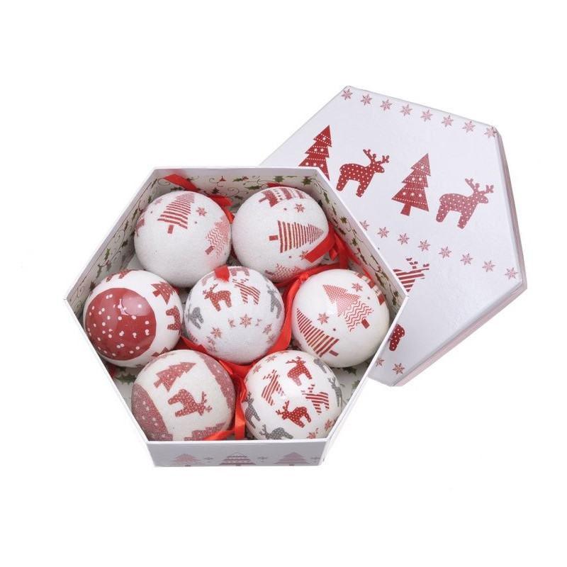Bombki w pudełku 7cm, 7szt/komplet  - reinder/tree WH/RED