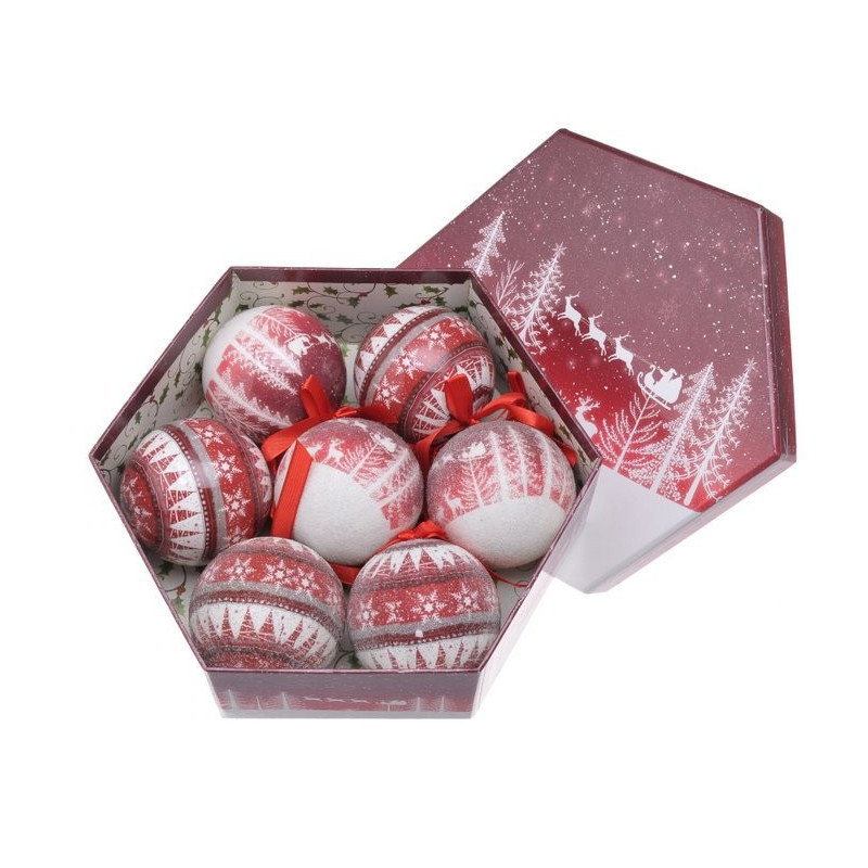 Bombki w pudełku 7cm, 7szt/komplet  - flying santa RED/WH