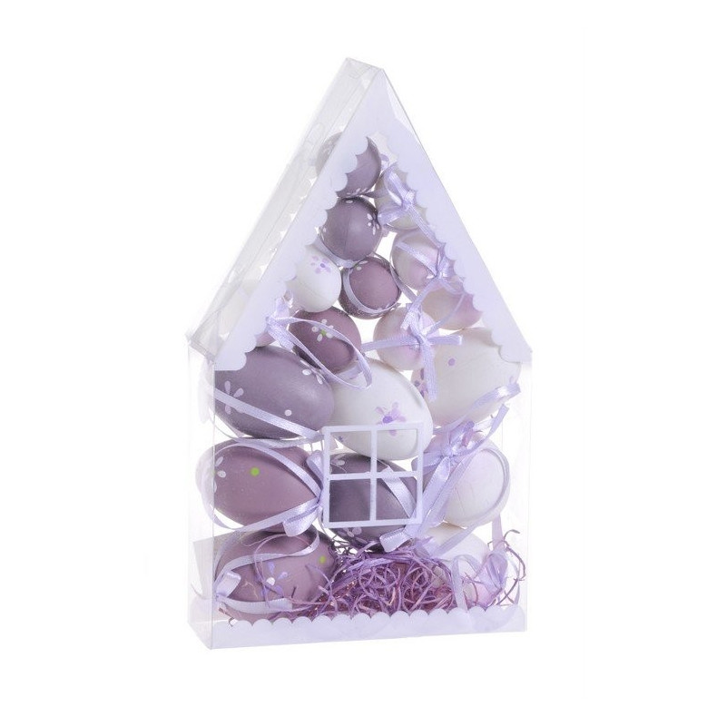 Zawieszki jajka w pudelku-domku, 6cm, 18szt LAVENDER