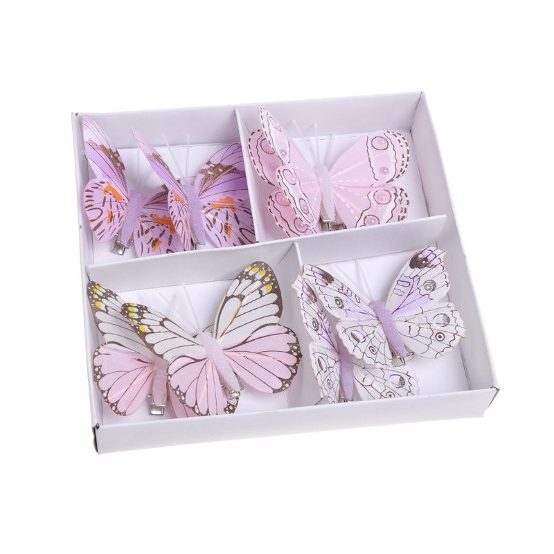 Motyl 8 cm na klipie 8 szt/kpl PINK+LILAC